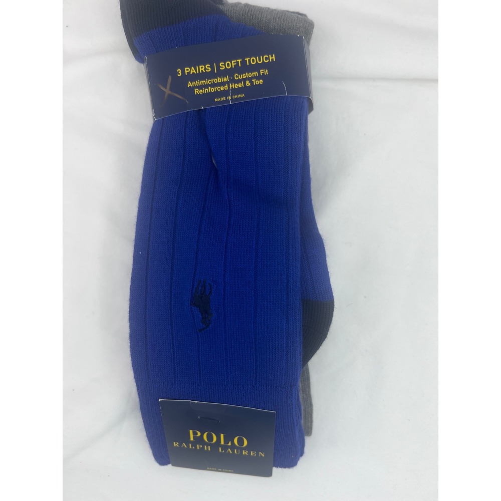 Polo Ralph Lauren Mens 3 Pack Dress Socks Blue Grey Navy Ribbed Soft Touch NEW